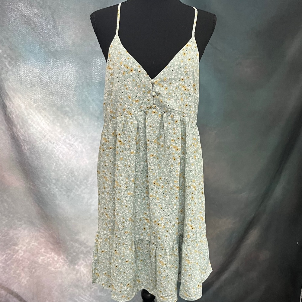 Heyson Floral Tiered Mini Dress Sage‎ Green Daisy Print Boho Womens Medium